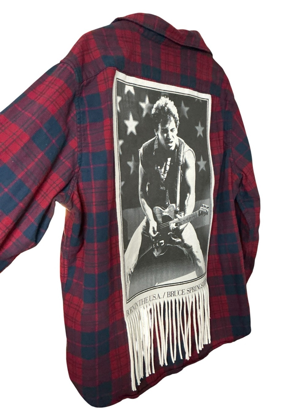 Bruce Springsteen Upcycled Flannel T Shirt Top Fringe Shacket Band Rock - Picture 3 of 9